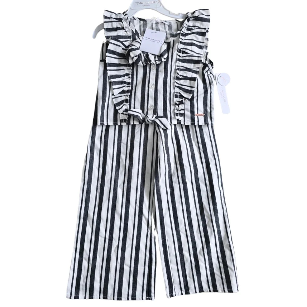 Tahari Girl Striped 2-Piece Set Top Pants + Scrunchie Spring Summer Jumpsuit 5T